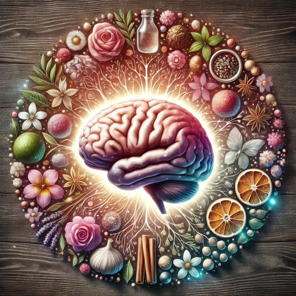 Diagram of the brain showing the scent pathway from the nose to the limbic system, highlighting the olfactory bulb, hippocampus, and amygdala. Learn how fragrance impacts memory and emotions with Dolcissimo's collection of memory-evoking perfumes